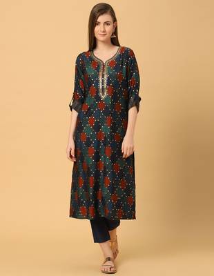  blue viscose three quarter sleeves long kurta 1