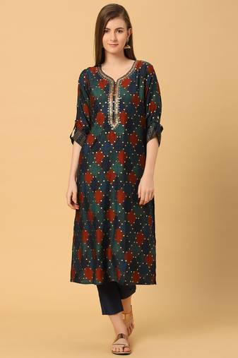  blue viscose three quarter sleeves long kurta