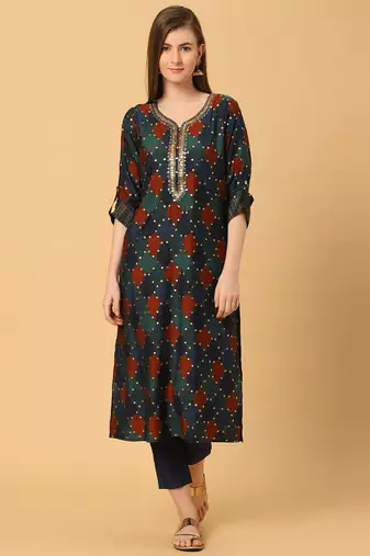  blue viscose three quarter sleeves long kurta