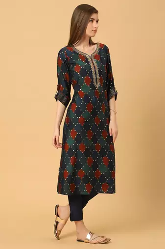  blue viscose three quarter sleeves long kurta
