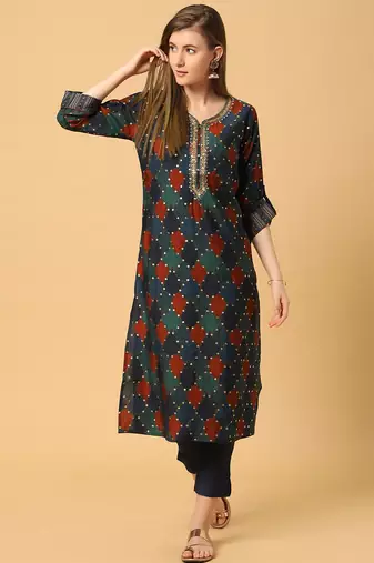  blue viscose three quarter sleeves long kurta