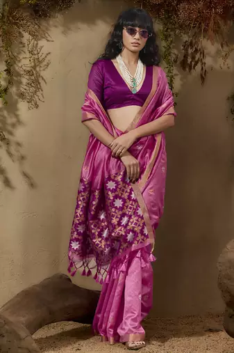 Baby pink patola tussar silk handloom weaving saree