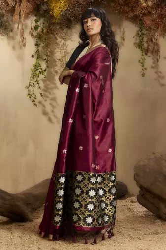 Maroon patola tussar silk handloom weaving saree