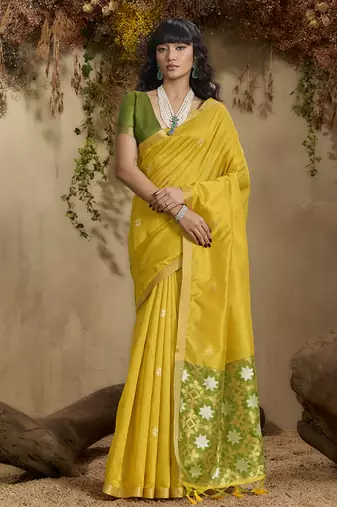 Lemon yellow patola tussar silk handloom weaving saree