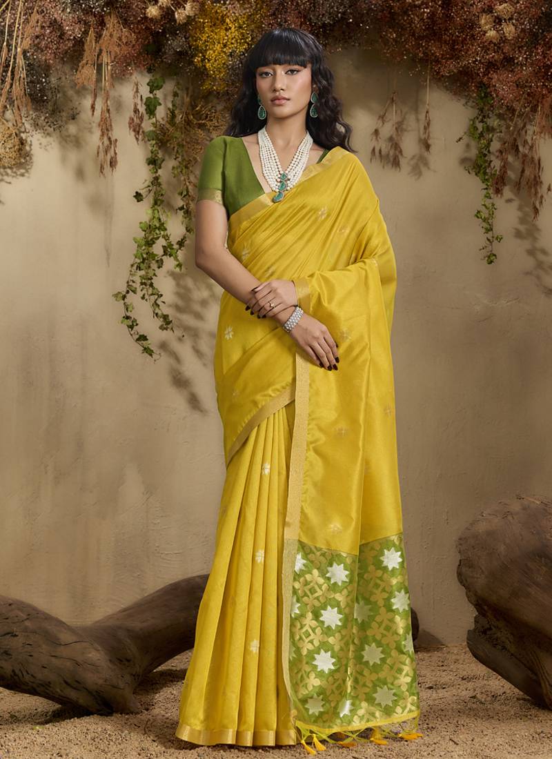 Lemon yellow patola tussar silk handloom weaving saree