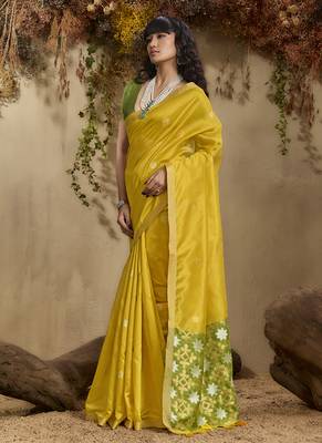 Lemon yellow patola tussar silk handloom weaving saree 2