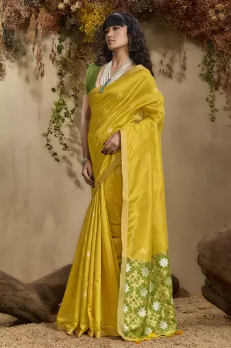 Lemon yellow patola tussar silk handloom weaving saree