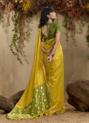 Lemon yellow patola tussar silk handloom weaving saree 4
