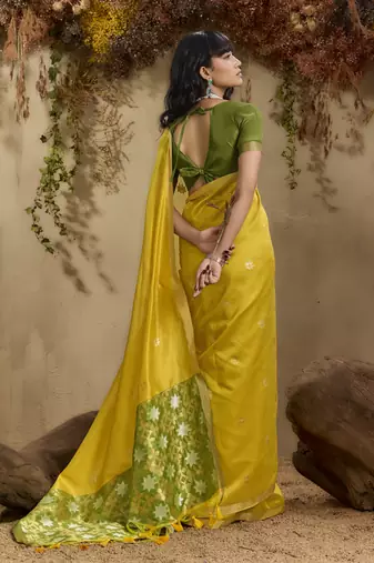 Lemon yellow patola tussar silk handloom weaving saree