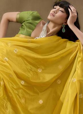 Lemon yellow patola tussar silk handloom weaving saree 5