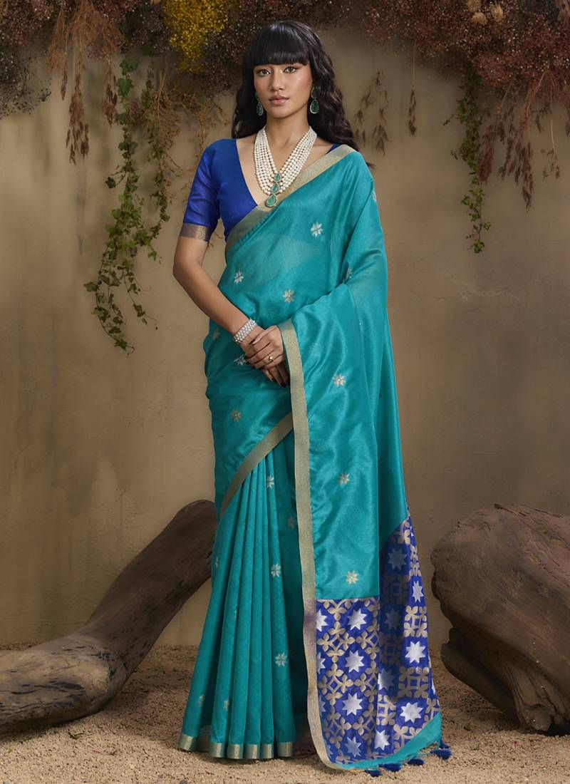 Sky blue patola tussar silk handloom weaving saree