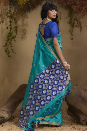 Sky blue patola tussar silk handloom weaving saree