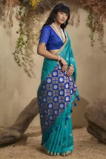 Sky blue patola tussar silk handloom weaving saree