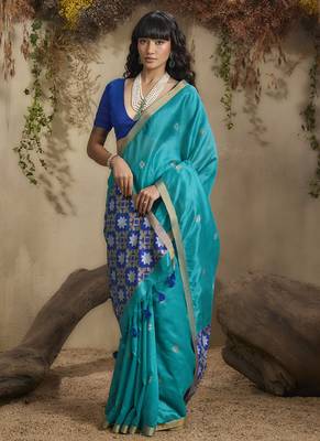 Sky blue patola tussar silk handloom weaving saree 4
