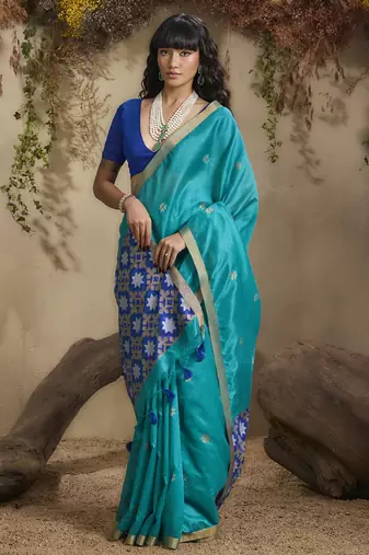 Sky blue patola tussar silk handloom weaving saree