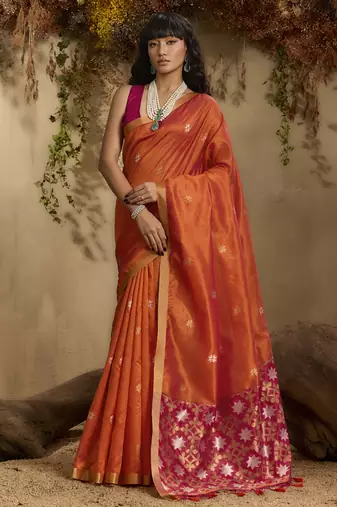 Orange patola tussar silk handloom weaving saree