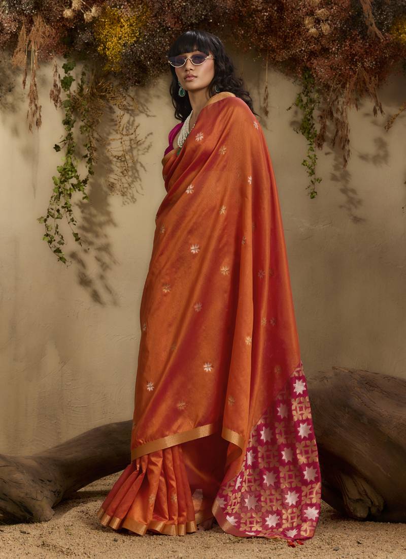 Orange patola tussar silk handloom weaving saree