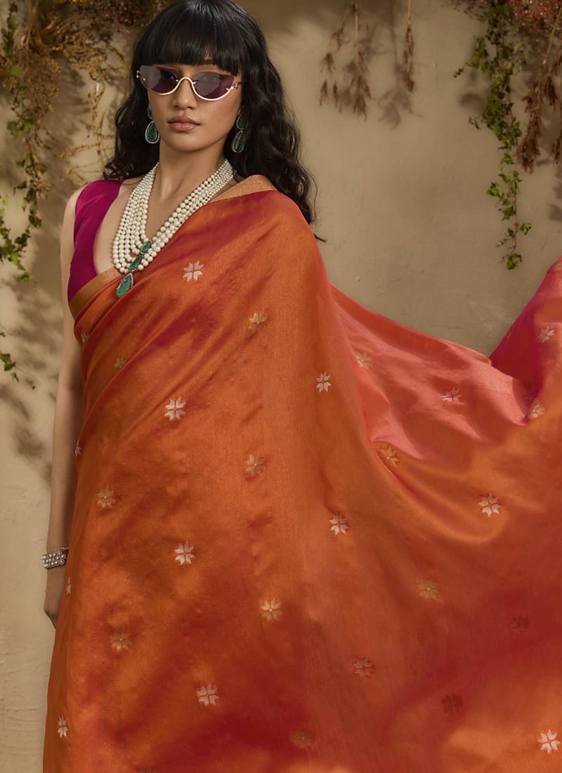 Orange patola tussar silk handloom weaving saree