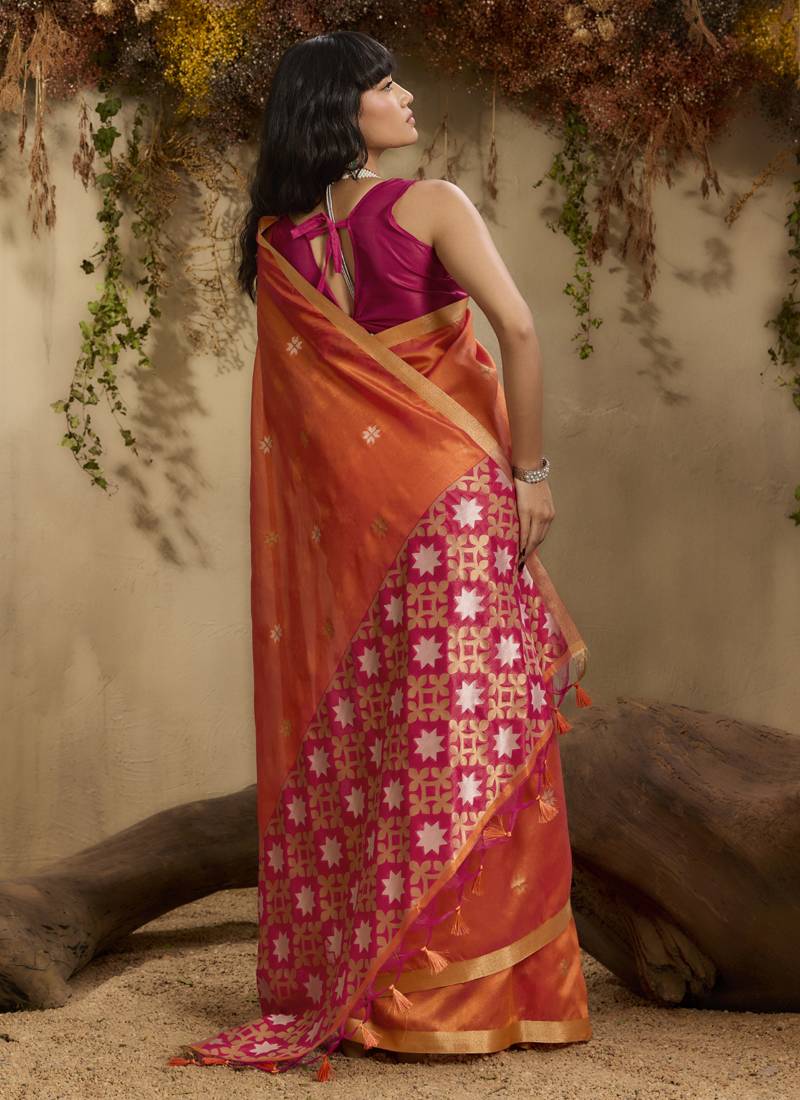 Orange patola tussar silk handloom weaving saree