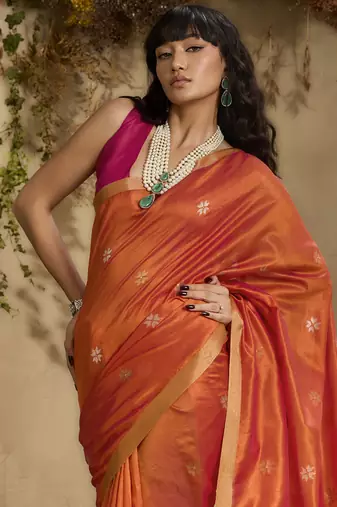 Orange patola tussar silk handloom weaving saree