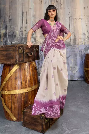 Wine & off white munga cotton handloom weaving saree
