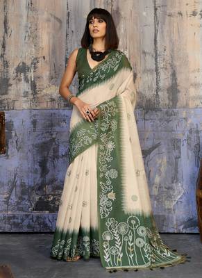 Green & off white munga cotton handloom weaving saree 1