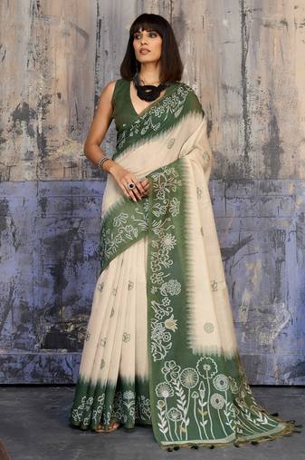 Green & off white munga cotton handloom weaving saree