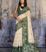 Green & off white munga cotton handloom weaving saree