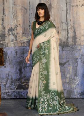 Green & off white munga cotton handloom weaving saree 2