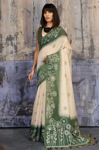 Green & off white munga cotton handloom weaving saree