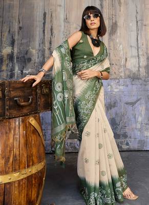Green & off white munga cotton handloom weaving saree 3
