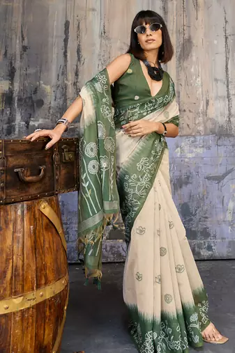 Green & off white munga cotton handloom weaving saree