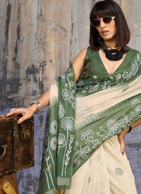 Green & off white munga cotton handloom weaving saree 5