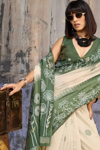 Green & off white munga cotton handloom weaving saree