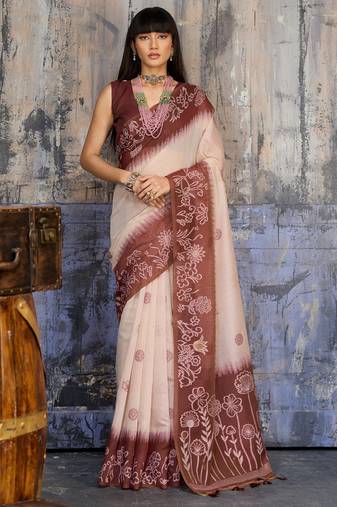 Dark brown & off white munga cotton handloom weaving saree