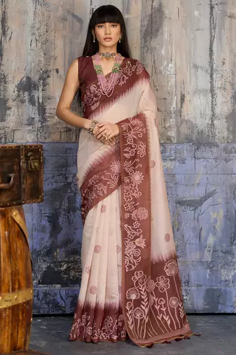 Dark brown & off white munga cotton handloom weaving saree