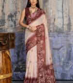 Dark brown & off white munga cotton handloom weaving saree
