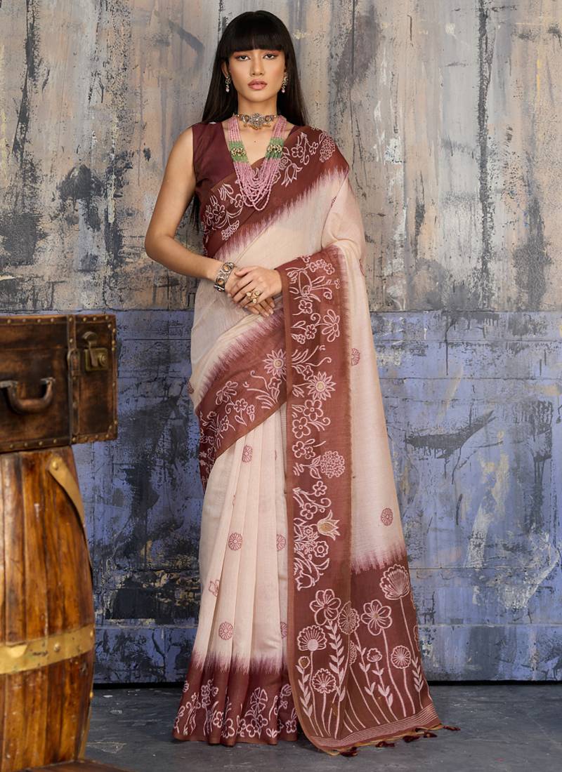 Dark brown & off white munga cotton handloom weaving saree