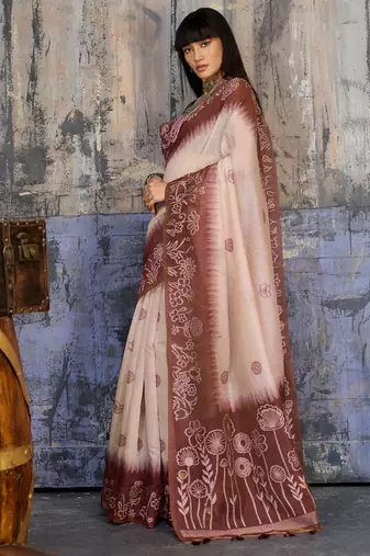 Dark brown & off white munga cotton handloom weaving saree