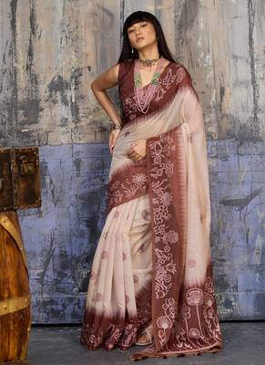 Dark brown & off white munga cotton handloom weaving saree 3