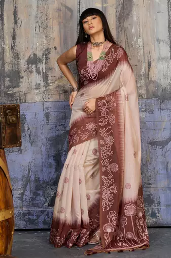 Dark brown & off white munga cotton handloom weaving saree
