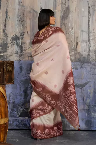 Dark brown & off white munga cotton handloom weaving saree
