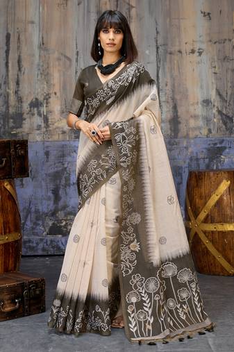Olive brown & off white munga cotton handloom weaving saree