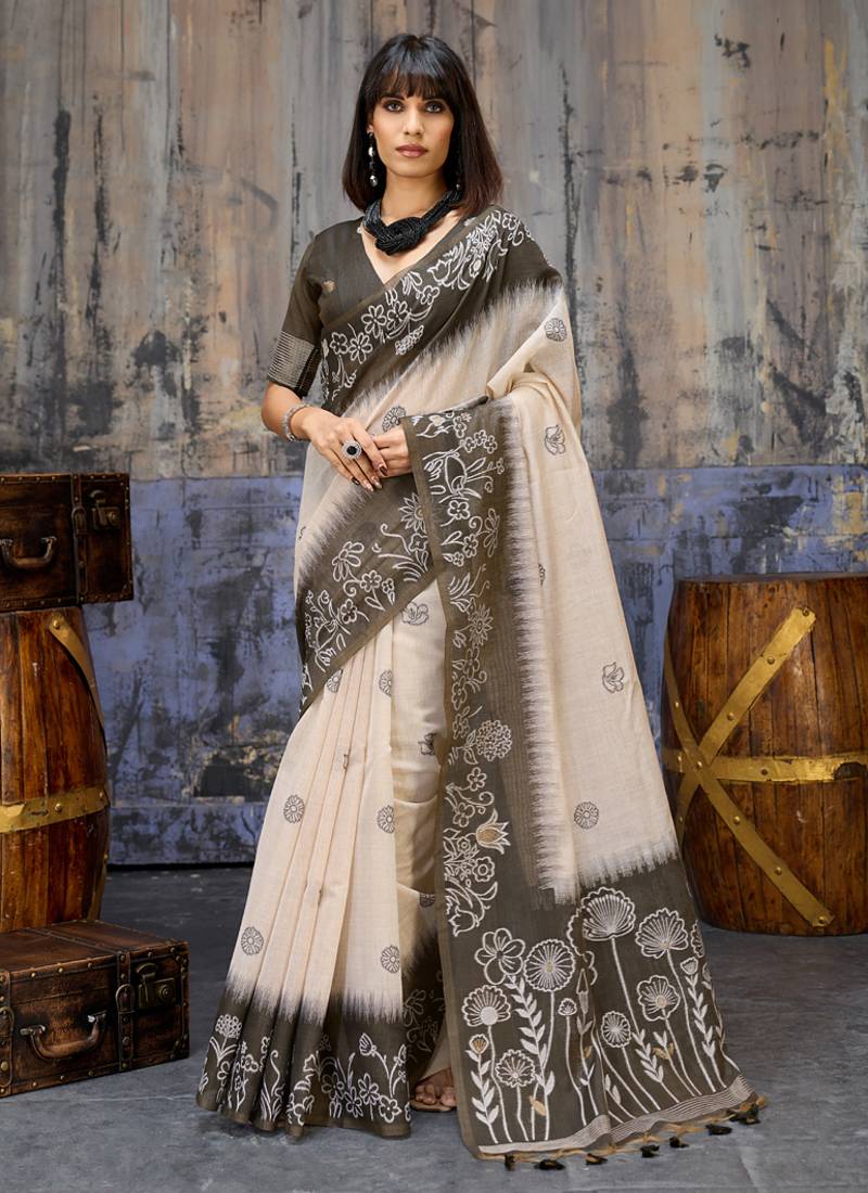 Olive brown & off white munga cotton handloom weaving saree