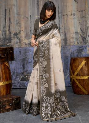Olive brown & off white munga cotton handloom weaving saree 2