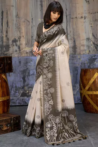 Olive brown & off white munga cotton handloom weaving saree