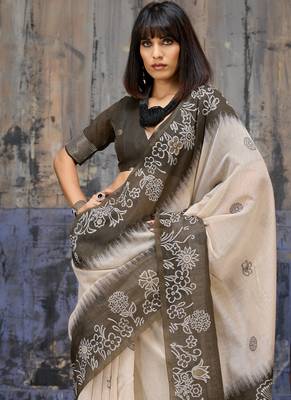 Olive brown & off white munga cotton handloom weaving saree 5