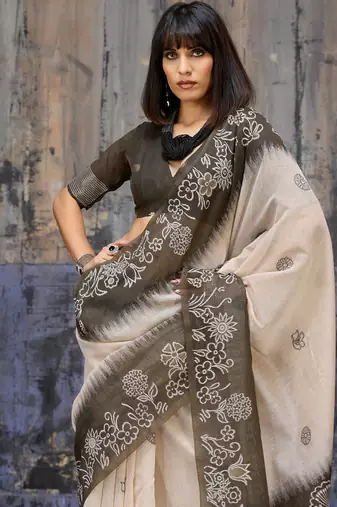 Olive brown & off white munga cotton handloom weaving saree