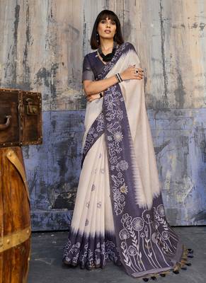 blue & off white munga cotton handloom weaving saree 1