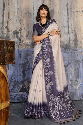 blue & off white munga cotton handloom weaving saree